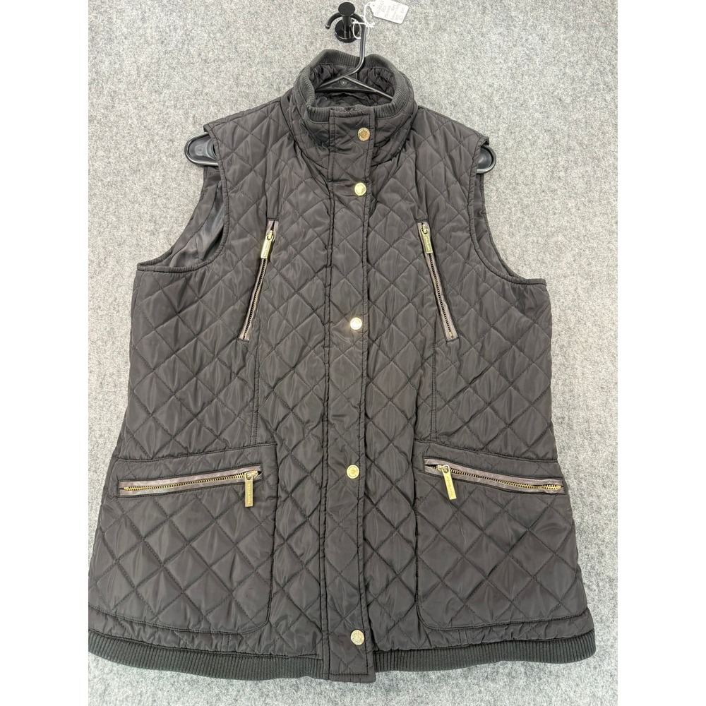 Michael Kors Womens Black Quilted Vest Gold Hardware Faux Leather Trim Large